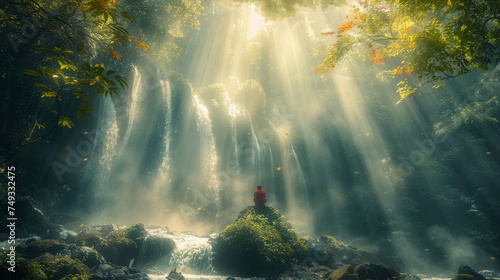 Mystical ethereal forest landscape with sunbeam lighting up environment