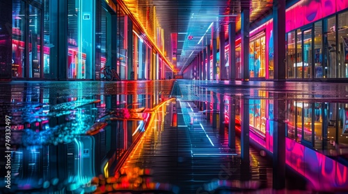 Cyberpunk urban night with neon noir signs with reflection futuristic atmosphere