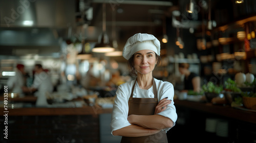 Portrait of an old female chef with arm cross in kitchen