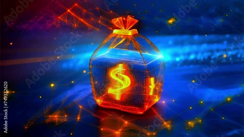 dollar sign on bag  in glowing golden . Low polygon, particle, and triangle style design .Wireframe light connection structure or points, lines photo