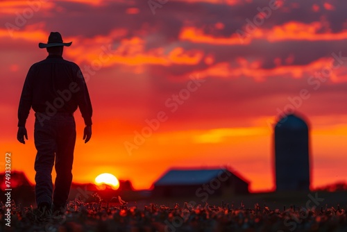 Silhouette of farmer walking towards the farmstead as the sunset
