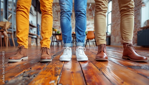 Diverse group of people showcasing their footwear on a wooden floor indoors