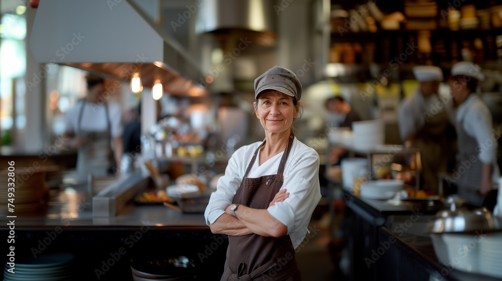 Beautiful smiling mature woman chef with arms crossed at kitchen