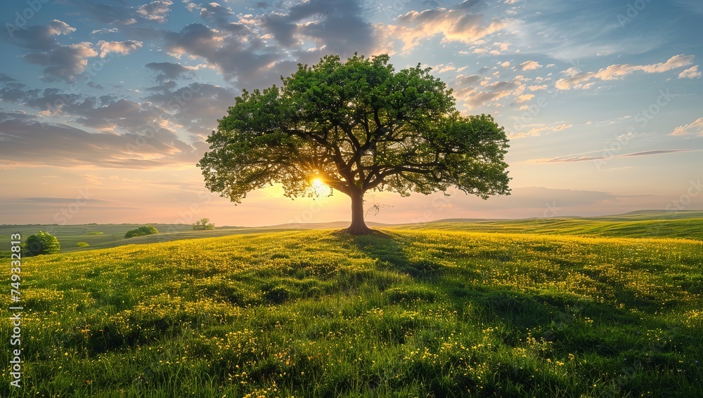 Fototapeta premium Beautiful summer landscape with lonely tree on green meadow at sunset