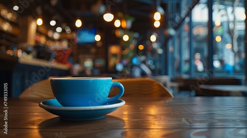 Coffee in blue cup on wooden table in cafe with lighting background