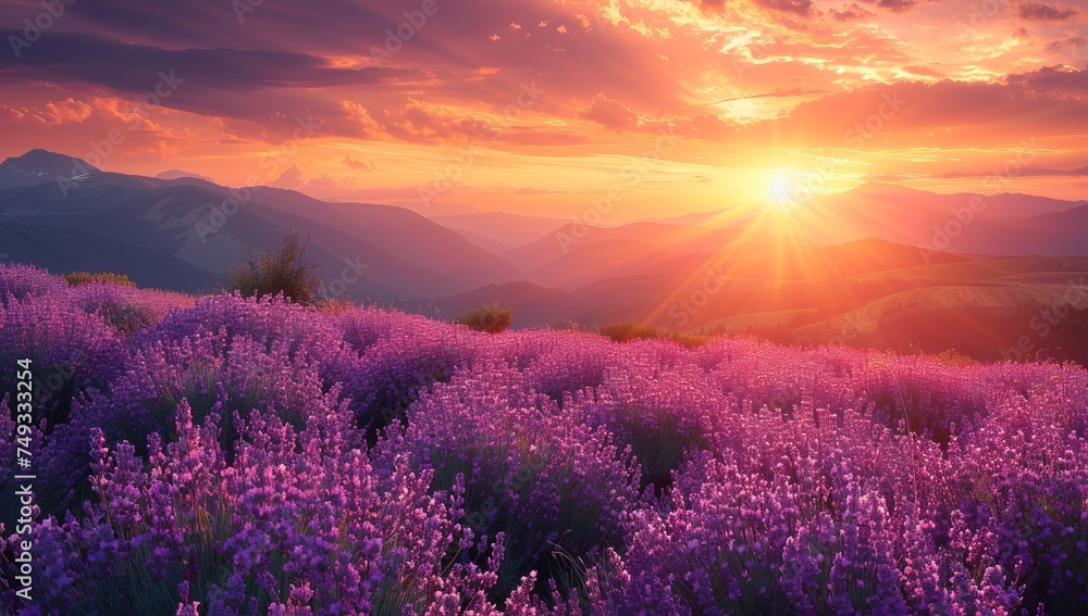 Beautiful sunset over the lavender field in the mountains. Summer landscape.