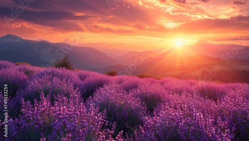 Beautiful sunset over the lavender field in the mountains. Summer landscape.