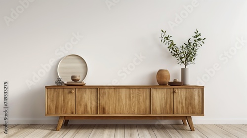 Wooden cabinet and accessories decor in living room interior on empty white wall background