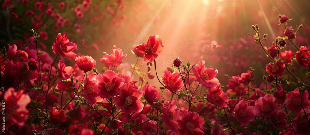 A cluster of vibrant red flowers blooms in the lush green grass, creating a striking contrast against the natural backdrop. The flowers are in full bloom, showcasing their beauty under the soft