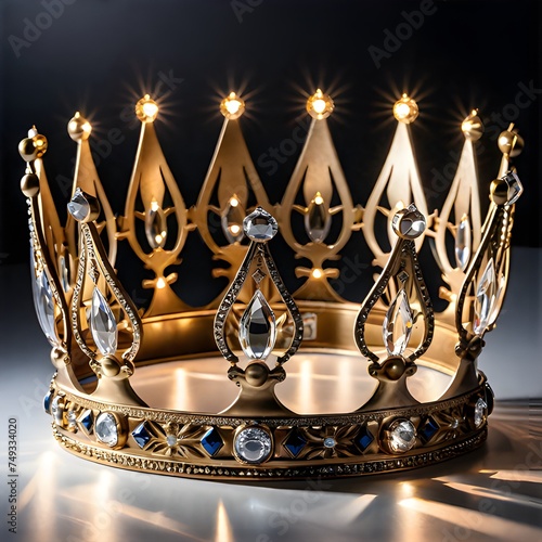 golden crown with diamonds, Beautiful shiny crown with medieval ornament and jewelry. Ancient king or queen crown. Generated AI.