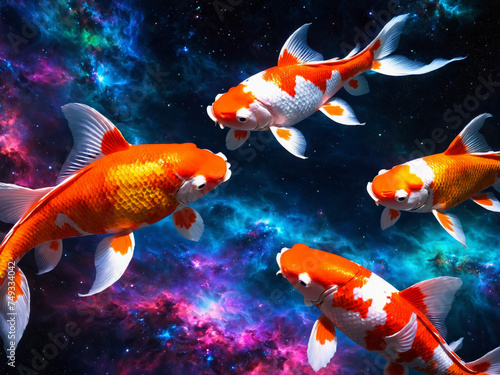 a group of glowing koi fish floating through space  nebula galaxy  stars  milky way  otherworldly 