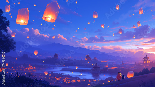 Many beautiful lanterns float in the sky above houses at night in northern Thailand.