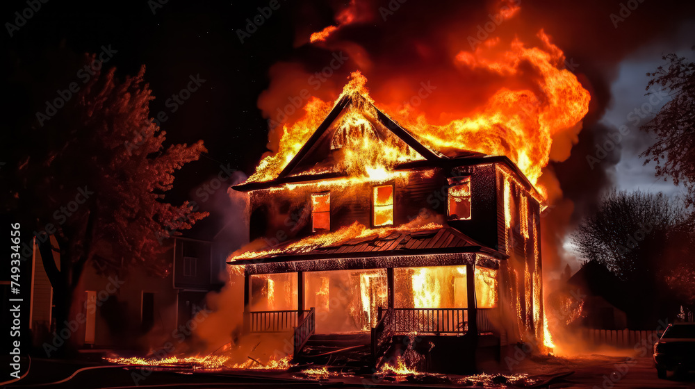 A wooden house or barn ablaze in the darkness of night - obrazy, fototapety, plakaty 