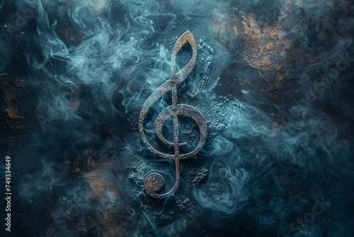 Treble clef symbol on dark foggy mystical background with smoke with copyspace, Music Day.