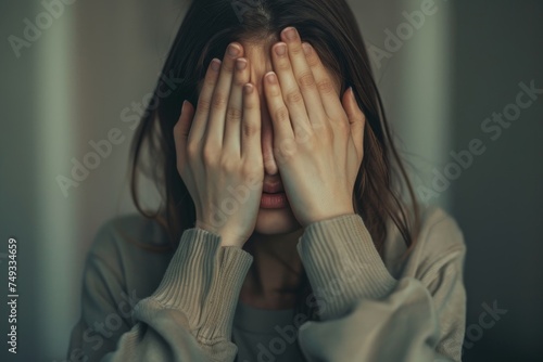 A woman is crying and covering her eyes with her hands