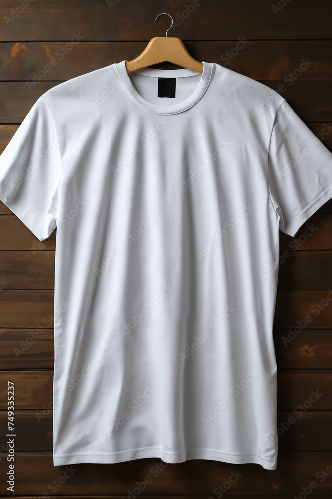 a simple clean white T-shirt as an object on a wooden background, as a template for labels and design a simple clean white T-shirt as an object on a wooden background, as a template for labels and design