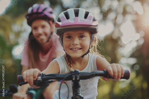 A young girl is riding a bike with her mother
