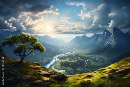 Beautiful landscape, panoramic views of valley and mountains, with river running through it. The sky is cloudy and haze covers valley. At sunset, sunlight shines down on valley from hill.