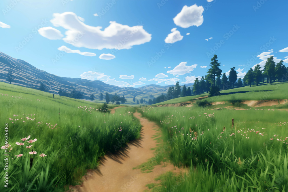 a beautiful landscape, a path leading into the distance, green grass and wild flowers in the valley, mountains in the distance and sky with white clouds