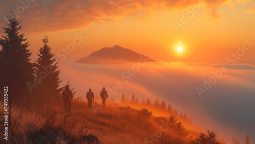 Silhouettes of hikers on the top of a mountain at sunset