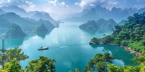Panoramic view of Ha Long Bay, Vietnam. Ha Long Bay is a UNESCO World Heritage Site. photo