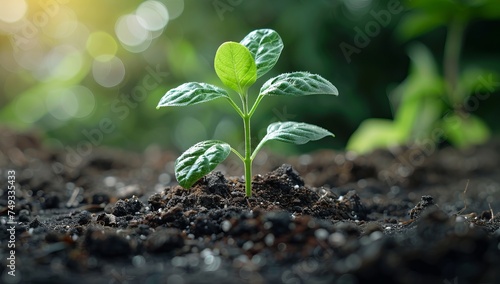 Green seedling growing in soil on blurred nature background, Ecology concept