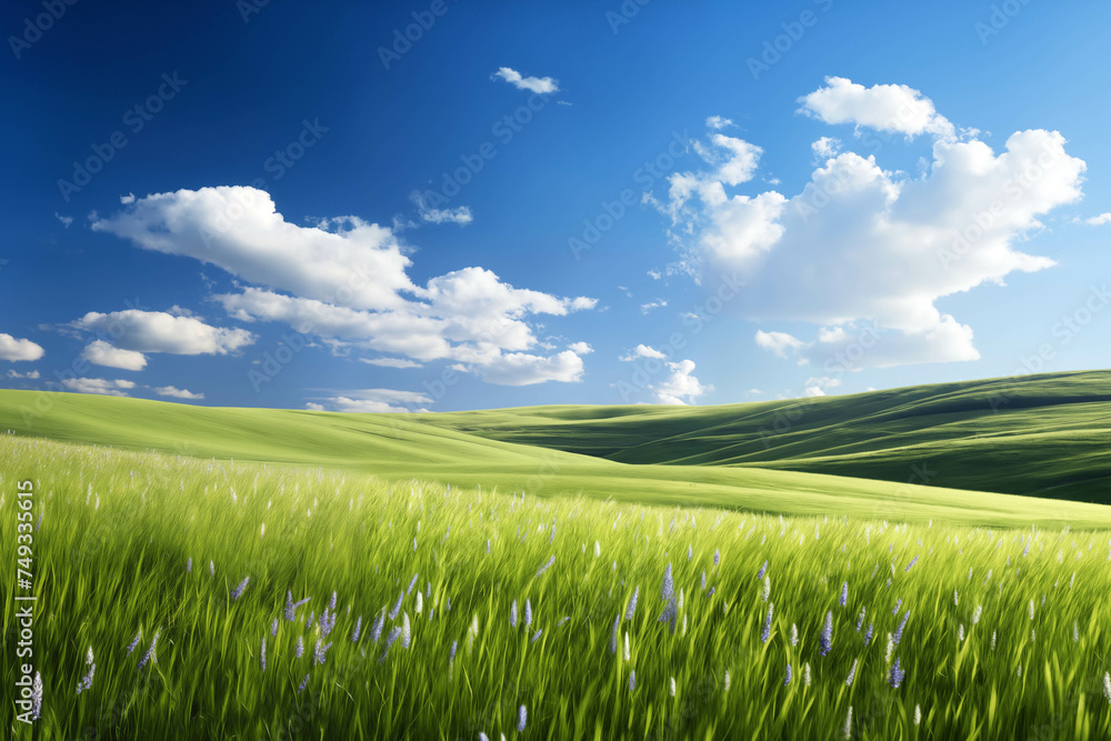 A beautiful, perfect landscape with green grass on hills and green fields. The sky is filled with white clouds and bright sunlight. There are also shadows that create a sense of depth and realism.