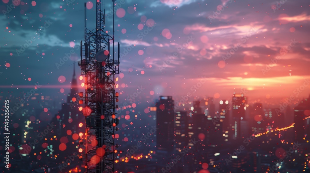 Telecommunications tower stands prominently against a blurred cityscape illuminated by bokeh lights under a sunset sky.