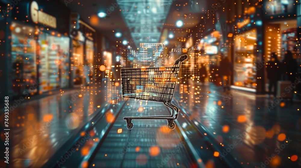 A solitary shopping cart in a shopping mall corridor, surrounded by a dreamy bokeh of warm lights.