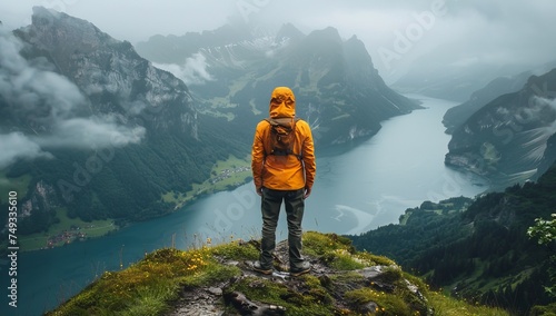 Hiker standing on top of a mountain and enjoying the view of Lake