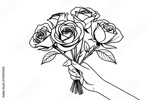 Bouquet of roses in a woman's hand, single line vector drawing, minimalistic black linear sketch isolated on white background