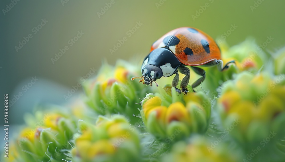 Close up view of a ladybug on flower buds Close up view of a ladybug on flower buds