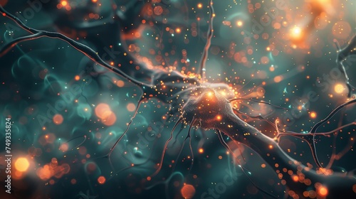 Artistic of a neuron with sparkling synapses, capturing the dynamic activity of neural communication in the brain. photo