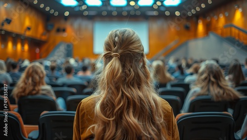 Rear view of woman sitting in front of audience in conference hall