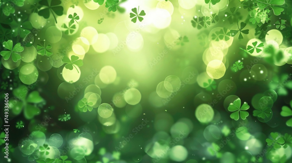 st. patrick's day background with green bokeh and shamrocks leaves background for design.