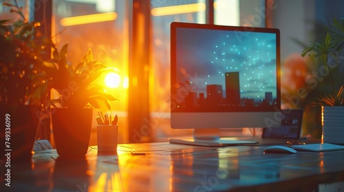 A contemporary office setup featuring a computer monitor with a cityscape wallpaper during a vibrant sunset.