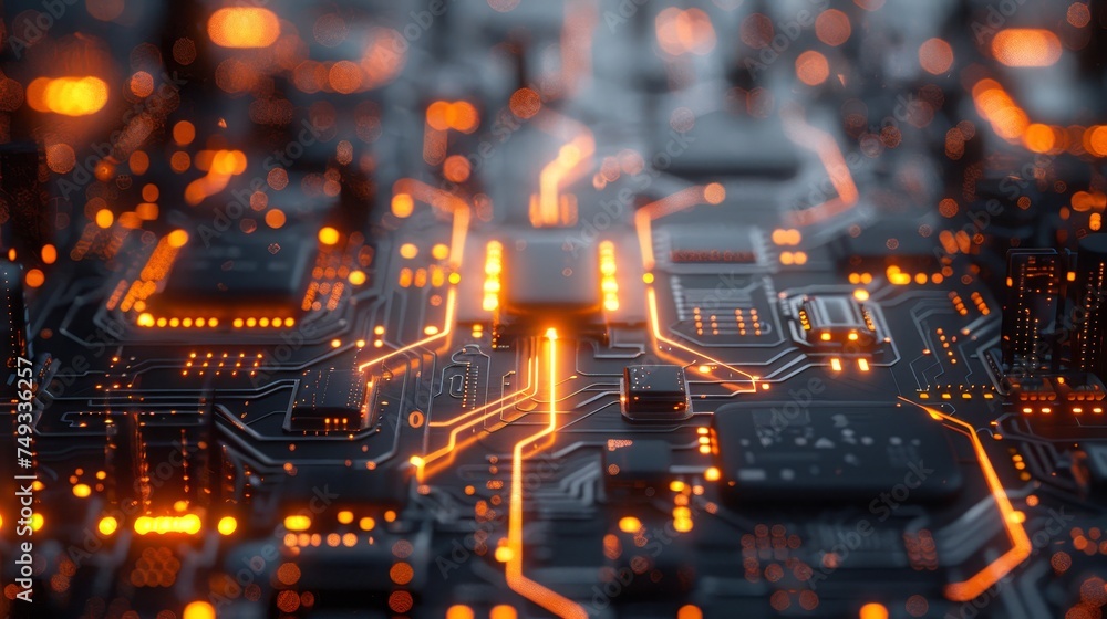 A network of illuminated circuit paths and microchips on a modern electronic board, highlighting the power of technology. A network of illuminated circuit paths and microchips on a modern electronic board, highlighting the power of technology.