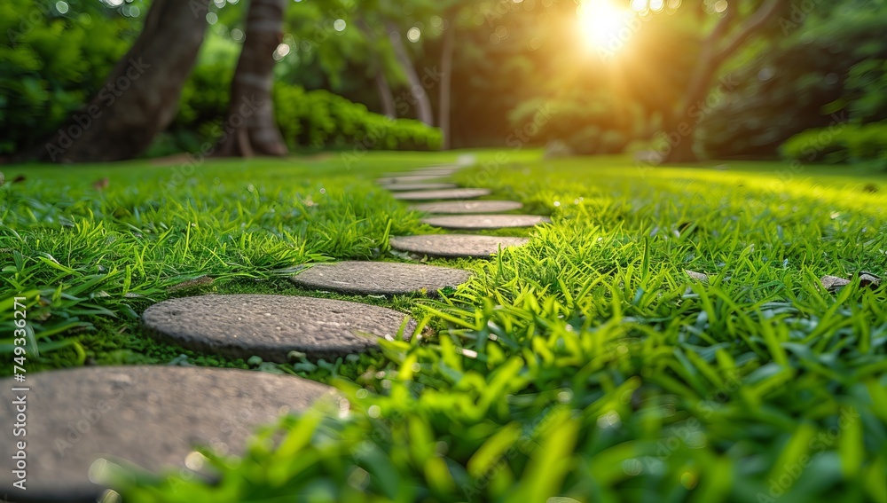 Fototapeta premium Stone walkway in the green garden with sun light