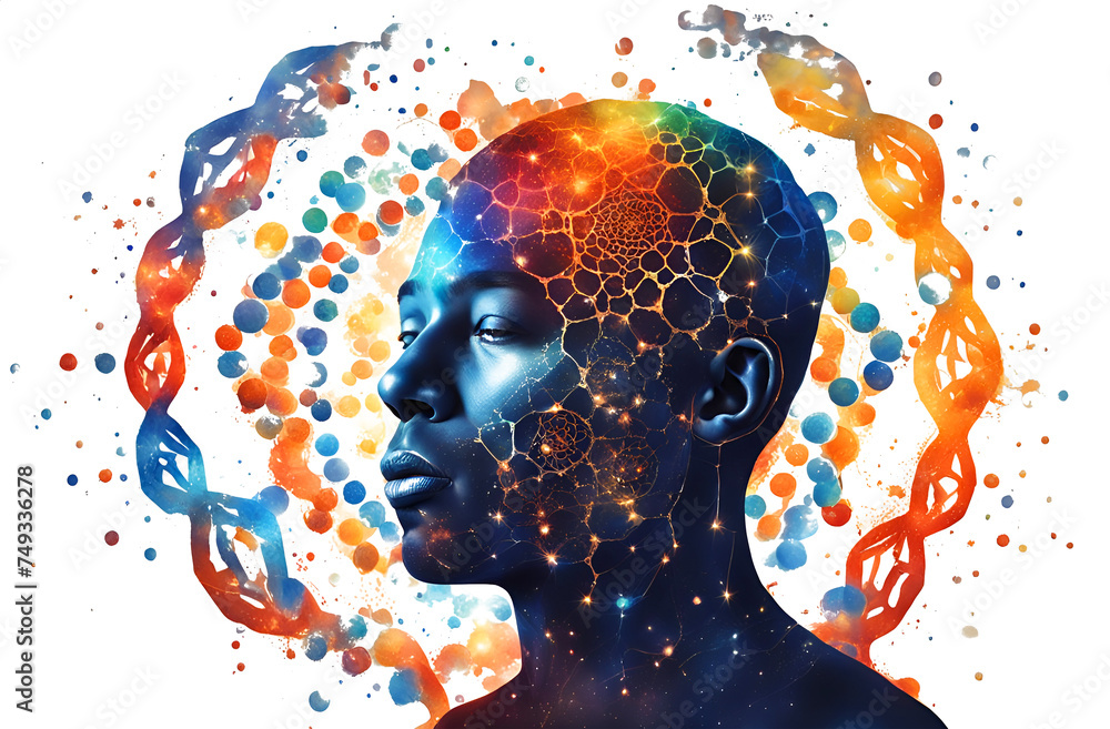 seitliches Portrait eines Mannes in blau mit leuchtend bunten Netz aus Verknüpfungen vor einem Hintergrund in Weiß mit regenbogen Punkt Muster und einer DNA Doppelhelix Entwicklung Fortschritt Univers - obrazy, fototapety, plakaty 