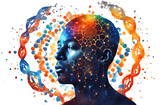 seitliches Portrait eines Mannes in blau mit leuchtend bunten Netz aus Verknüpfungen vor einem Hintergrund in Weiß mit regenbogen Punkt Muster und einer DNA Doppelhelix Entwicklung Fortschritt Univers