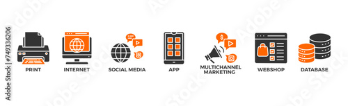 Cross-media banner web icon glyph silhouette with icon of print, internet, social media, app, multichannel marketing, webshop and database