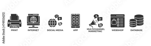 Cross-media banner web icon glyph silhouette with icon of print, internet, social media, app, multichannel marketing, webshop and database