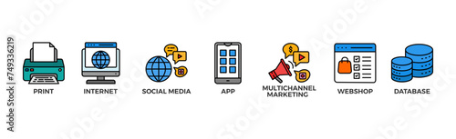 Cross-media banner web icon glyph silhouette with icon of print, internet, social media, app, multichannel marketing, webshop and database