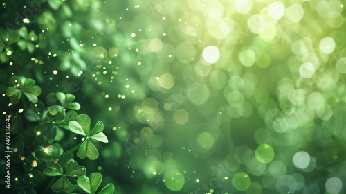 st. patrick's day background with green bokeh and shamrocks leaves background for design.