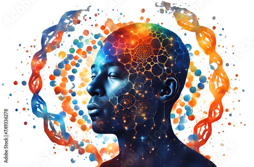 seitliches Portrait eines Mannes in blau mit leuchtend bunten Netz aus Verknüpfungen vor einem Hintergrund in Weiß mit regenbogen Punkt Muster und einer DNA Doppelhelix Entwicklung Fortschritt Univers