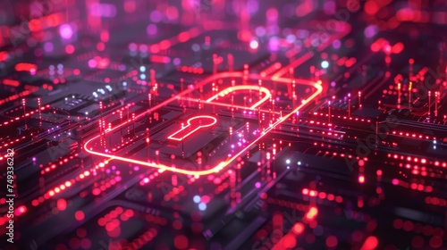 Close-up of a glowing red padlock icon on a circuit board, symbolizing digital security and data protection in the technology sector. photo