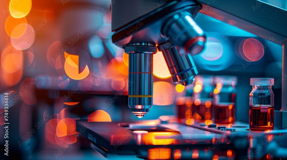 Detailed view of a microscope with a sample slide, set in a high-tech laboratory with vibrant, bokeh lighting. Detailed view of a microscope with a sample slide, set in a high-tech laboratory with vibrant, bokeh lighting.