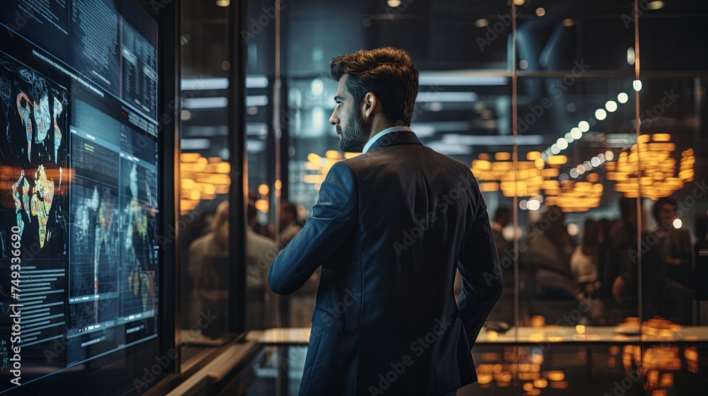 Businessman Presenting Data and standing in front of a big screen that shows graphics of data