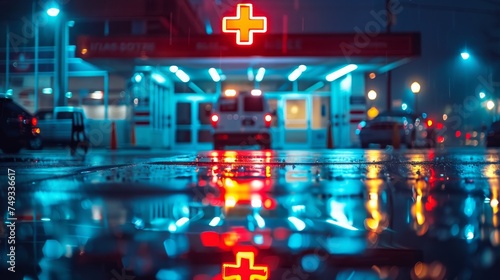 Rain-soaked street reflecting the red neon cross of a hospital and the lights of an ambulance at the emergency entrance at night. photo