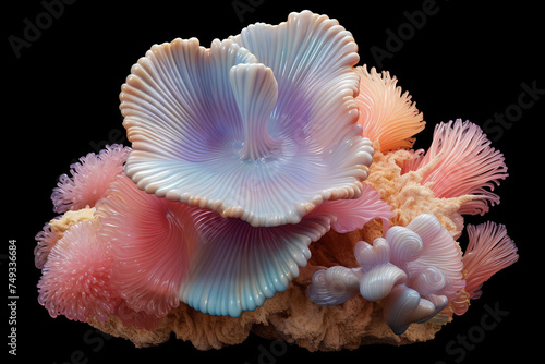 Nature, environment, fantasy, graphic resources concept. Abstract and surreal colorful artificial corals background with copy space. Three dimensional corals made of plastic background